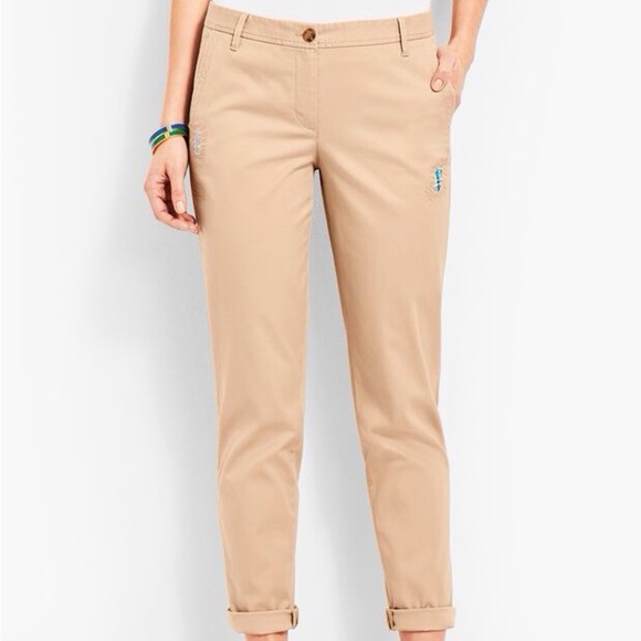 Talbots Sz 14 Tan Khaki Preppy Distressed Patches Relaxed Girlfriend Chino Pants - Picture 1 of 12